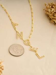 1pc Personalized Nameplate Necklace, Can Customize 1-12 Letter Name, Standard Y-Shape Nameplate Necklace, Enhance Personal Style Jewelry Gift, Gold-Plated Name Necklace - Hollow Font - View 4