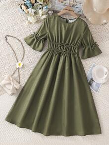 Left Mama Girls' Elegant Minimalist Sleeveless Dress, Suitable For Daily Wear And Ramadan Holidays, Summer - Army Green - View 2