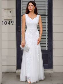 MIUSOL Đầm maxi dạ hội cổ tim, phối màu tương phản, đính sequin và ren lưới, dáng đuôi cá, thích hợp cho đám cưới, màu trắng, mùa xuân. - trắng - Xem 5