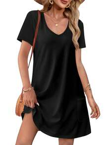 Ladies' Print V-Neck Casual Relaxed And Comfortable Dress For Summer, Short Sleeve Casual Loose T Shirt Sundress Beach Cover Ups With Pockets. L-2XL - 黑色 - 查看 5