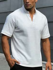 Áo thun nam dệt kim họa tiết, cổ chữ V, tay ngắn, khóa kéo nửa thân, kiểu dáng thường ngày, thích hợp đi làm. - trắng - Xem 1
