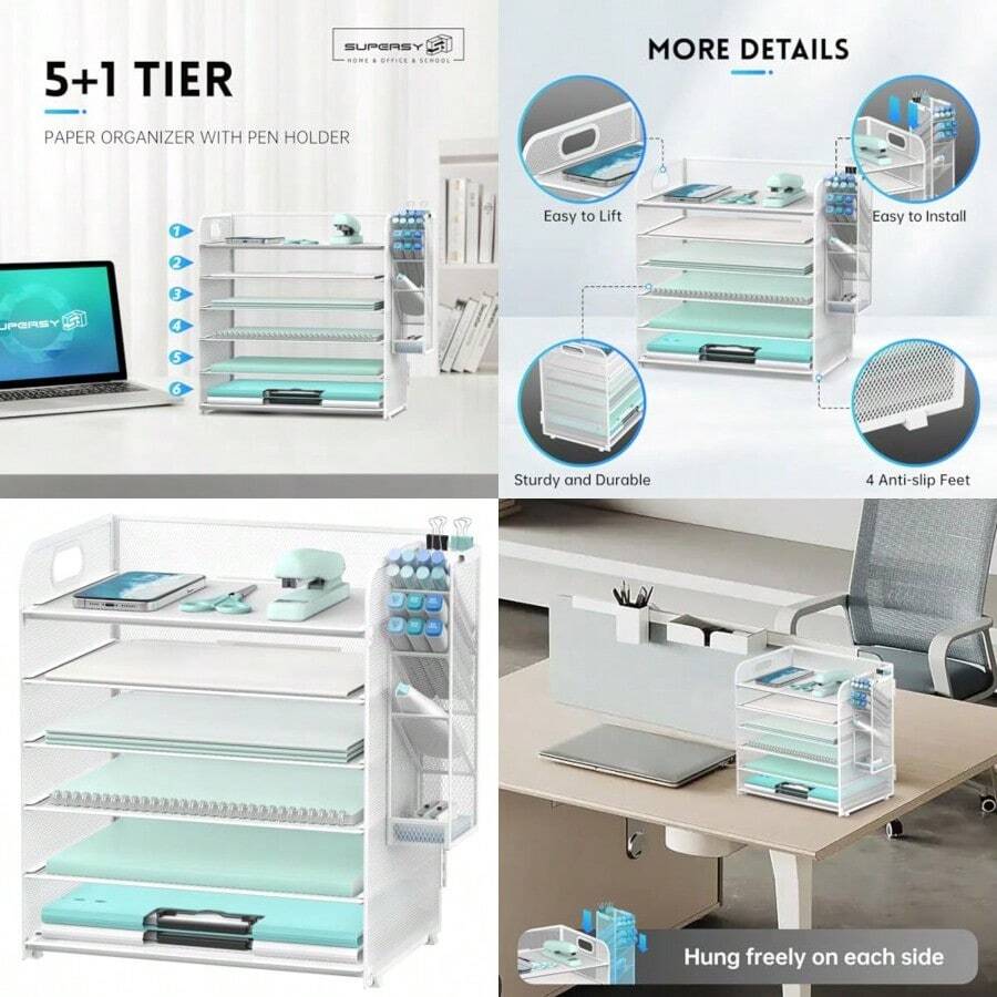 6 Tier Paper Organizer With 4 Pen Holders Mesh Letter Tray With Handle Paper Tray Organizer For A4 Files White - 6 Tier White - View 1