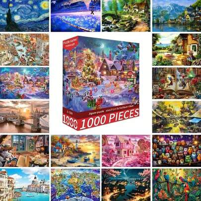 1000片拼图玩具，尺寸70厘米*50厘米，油画风景卡通图案，成人减压，装饰艺术品，适合万圣节、圣诞节、生日礼物