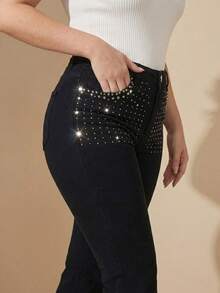 pthirillo Women's Black Flare Jeans With High-Waisted Butt-Lifting Effect And Rhinestone Detail. - 口袋水鑽 - 查看 6