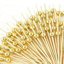 20/50/100/200/400支装，优雅竹制水果签，顶部饰以金色珠子 - 非常适合用于开胃菜、饮品、水果、餐前小吃以及婚礼和婚礼装饰 | 时尚金色珠子水果叉 | 耐用竹签，适用于水果碗等 - 金色 - 查看 1