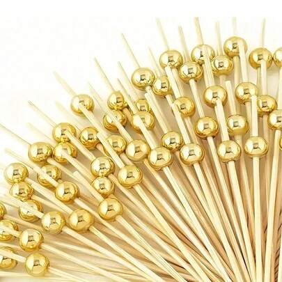 20/50/100/200/400pcs Elegant Bamboo Fruit Picks With Gold Bead Tops - Perfect For Appetizers, Drinks, Fruits, Hors D'oeuvres And Weddings, Wedding Decor | Chic Gold Bead Fruit Forks | Durable Bamboo Sticks For Fruit Bowls And More