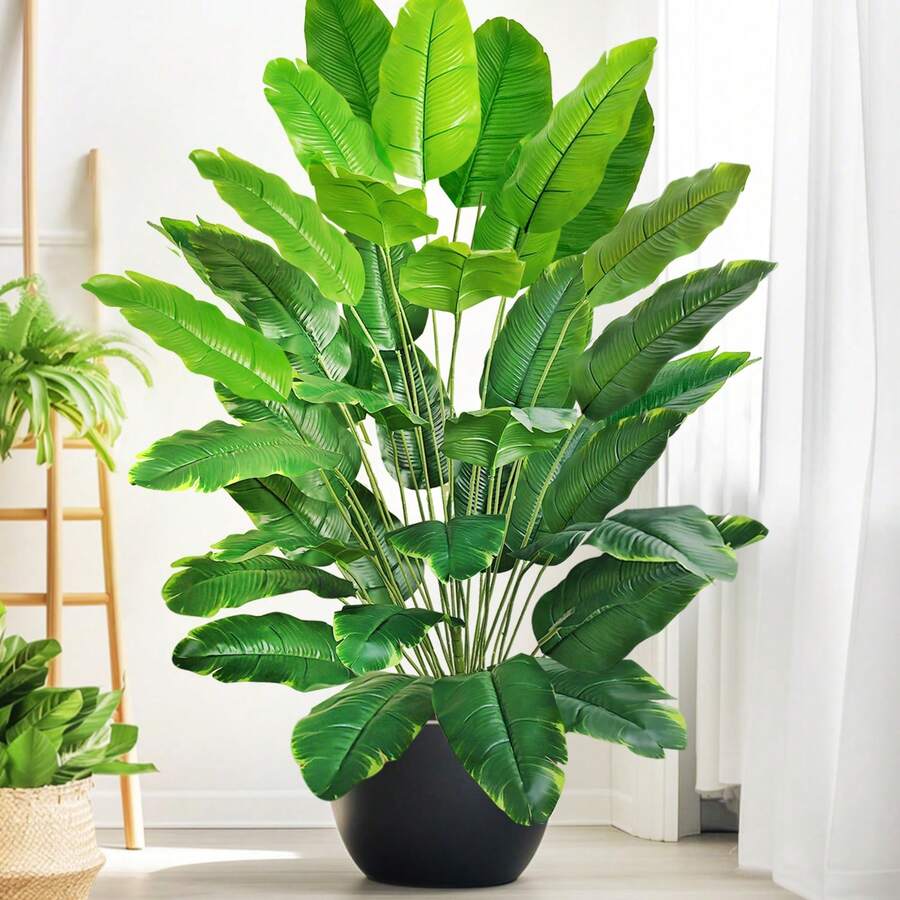 65-90-142厘米/55.9英寸，24片叶子的大型热带棕榈树，人造香蕉叶，触感逼真，塑料蝴蝶兰植物，适合家庭花园 - 橄欖綠 - 查看 1
