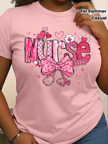 2026 Women's Nurse Letter Print Theme T-Shirt - Pink Nursing Top With Heart Pattern, Bowknot And Stethoscope Design - Breathable Round Neck Short Sleeve Suitable For Medical Staff In Spring, Summer And Autumn Casual Workwear - Machine Washable Nurse Clothing With Fun Nurse Text Print, Elastic Fabric And Logo Elements To Ensure Comfortable Casual Wear,Final Stock,Fan Favorite.,End Of Season,Final Stock,Fan Favorite.Washed T-Shirt,Valentine Outfits For Women,Spring,Summer Outfits For Women. - 粉紅色 - 查看 3