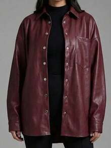 Grenj Fashion Black Oversized Pocket Detail Leather Shirt, Solid Color Casual Everyday Front Button Shirt - Burgundy - View 8