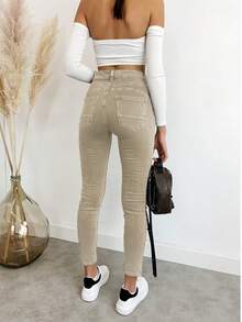 Quần jean nữ túi cài nút Boyfriend, quần denim Momfit thường ngày - Màu be - Xem 2