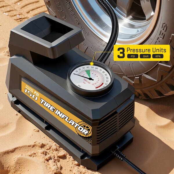  Carsun Portable Tire Inflator, 22 Cylinder 120W, 150 PSI, Mechanical Minimalist Design, 4X Faster Inflation, Plug And Play, 12V DC, Mechanical Pressure Gauge, Stable And Durable, Tire Pressure Measurement Range 300 PSI, Portable Bicycle Air Pump, Auto Accessories - Suitable For Motorcycles, Cars, Mountain Bikes And Sports Balls