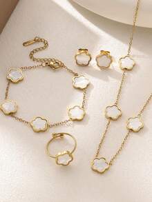 一套不锈钢时尚简约鲍鱼壳四叶草花朵项链、手链、耳环、戒指，18K金首饰，情人节礼物 - 五葉花首飾套裝 - 查看 1