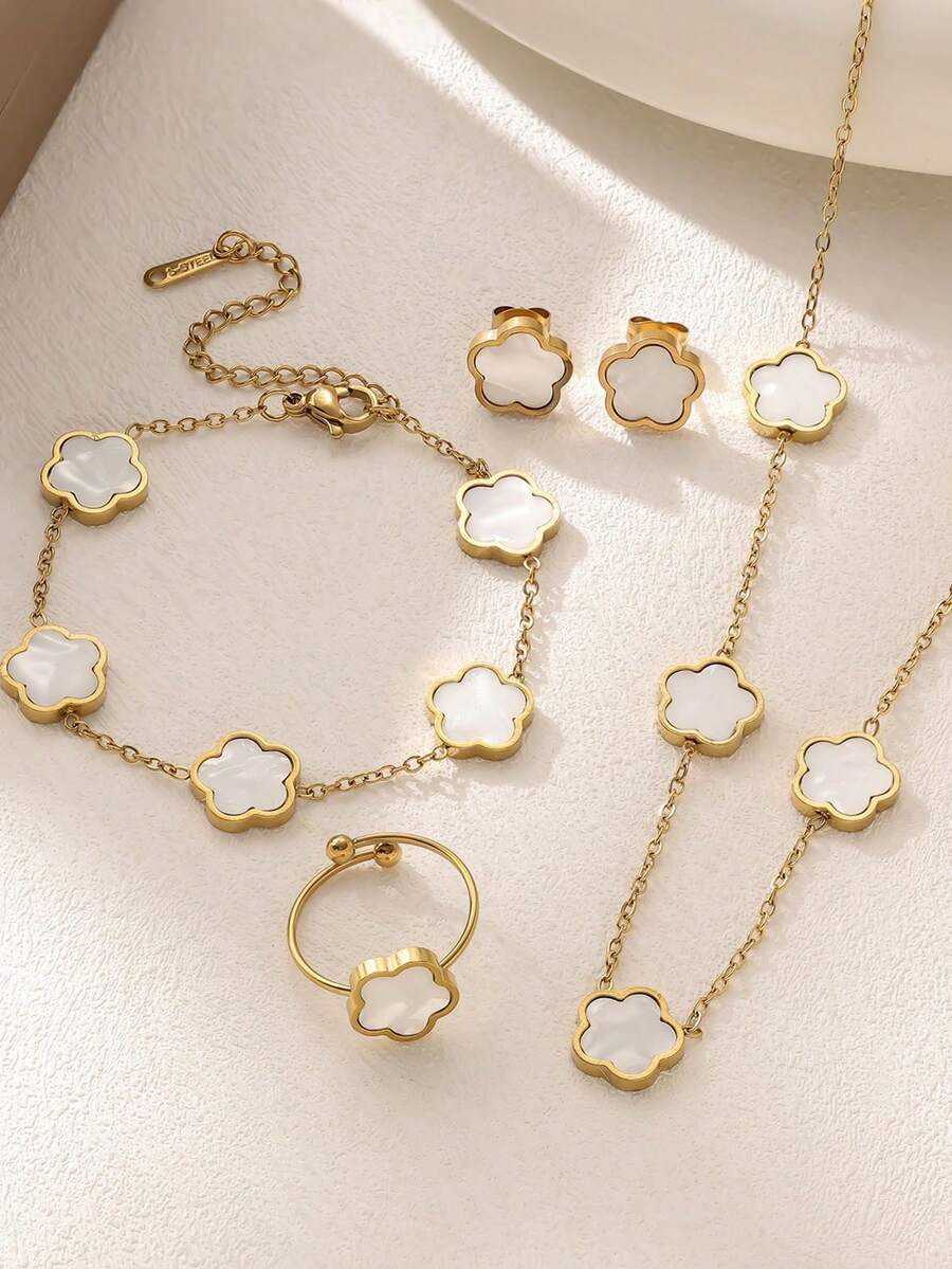 一套不锈钢时尚简约鲍鱼壳四叶草花朵项链、手链、耳环、戒指，18K金首饰，情人节礼物 - 五葉花首飾套裝 - 查看 1
