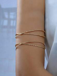 1pc Minimalist Metal Wire Woven Cross Cuff Bracelet For Women, Gold/Silver - Gold - View 1