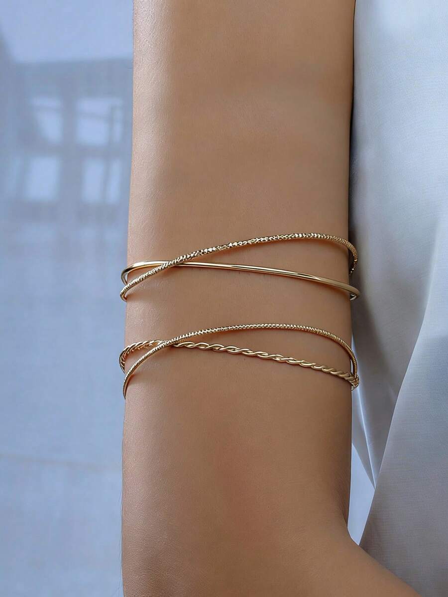 1pc Minimalist Metal Wire Woven Cross Cuff Bracelet For Women, Gold/Silver - Gold - View 1