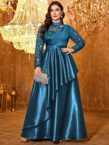 大码优雅亮片蕾丝撞色双层缎面荷叶边下摆舞会正式晚宴礼服、婚礼宾客礼服、情人节礼服、生日、毕业典礼、春季晚宴礼服 - 霧霾藍 - 查看 4