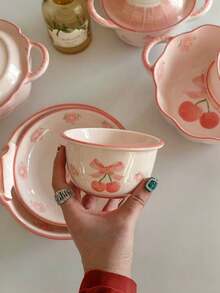 1pc High-Quality Pink Cherry Blossom Bow Ceramic Bowl, Cute Dinnerware Bowl, Large Capacity Bowl For Home Use - Multicolor - View 3