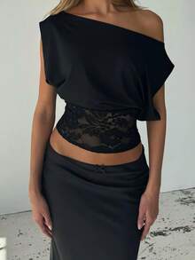 Summer Vintage Tops For Women Sleeveless Off The Shoulder Lace Patchwork For Women Back To School Concert Outfits - Black - View 1