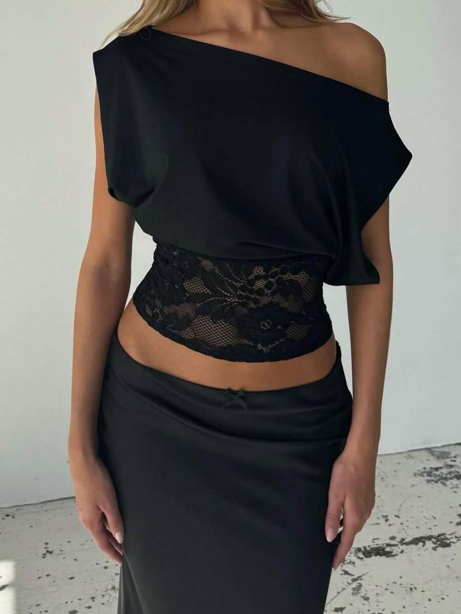 Summer Vintage Tops For Women Sleeveless Off The Shoulder Lace Patchwork For Women Back To School Concert Outfits - Black - View 1