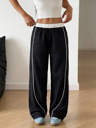 1件装 女童及青少年透气薄款休闲直筒裤，侧边条纹，易于打理