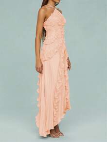 Women Ruffle Hem Pleated Sheer Mesh Long Maxi Dress Sleeveless Halter Neck Irregular Tiered Flowy Long Maxi Dresses For Wedding Guest Summer Holiday Beachwear - 珊瑚粉 - 查看 3