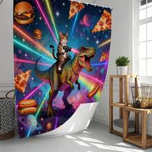 1pc/3pcs/4pcs Magical Starry Sky Cat & Tyrannosaurus Rex Bathroom Decor Shower Curtain Set, Free 12 Hooks Included, High-End Holiday Atmosphere, Bathroom Mat, U-Shaped Toilet Mat And Round Toilet Mat, Suitable For All Scenarios Bathroom Set - Multicolor - View 12