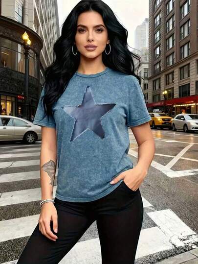 Plus Size Women's Summer Star Print Casual Simple Everyday Loose Washed Cotton Short Sleeve Crew Neck T-Shirt