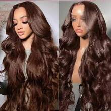 13x4/13x6 高清蕾丝前假发，真人发混纺，自然波浪卷，34英寸 - 200%高密度无胶假发，预先拔毛和修剪，自然发际线和婴儿发，无需胶水即可佩戴 - 棕色 - 查看 6