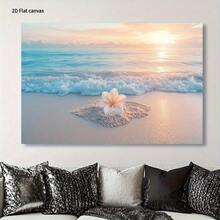 1 Pc Canvas Painting, Beach Sunset Coastal Art - Turquoise Waves And Floral Beaches , Wooden Framed Art,High Quality ,Thickness 2. 25cm/1in Thick Wall Art Printed Poster, Cuadros,Directly Hung For Family Gifts, Living Room Decoration, Bathroom Decoration, Bedroom Decoration, Kitchen Decoration, Bar Decoration, Office Decoration. Halloween, Christmas And Valentine's Day Gifts, 2D Flat - 彩色 - 查看 2