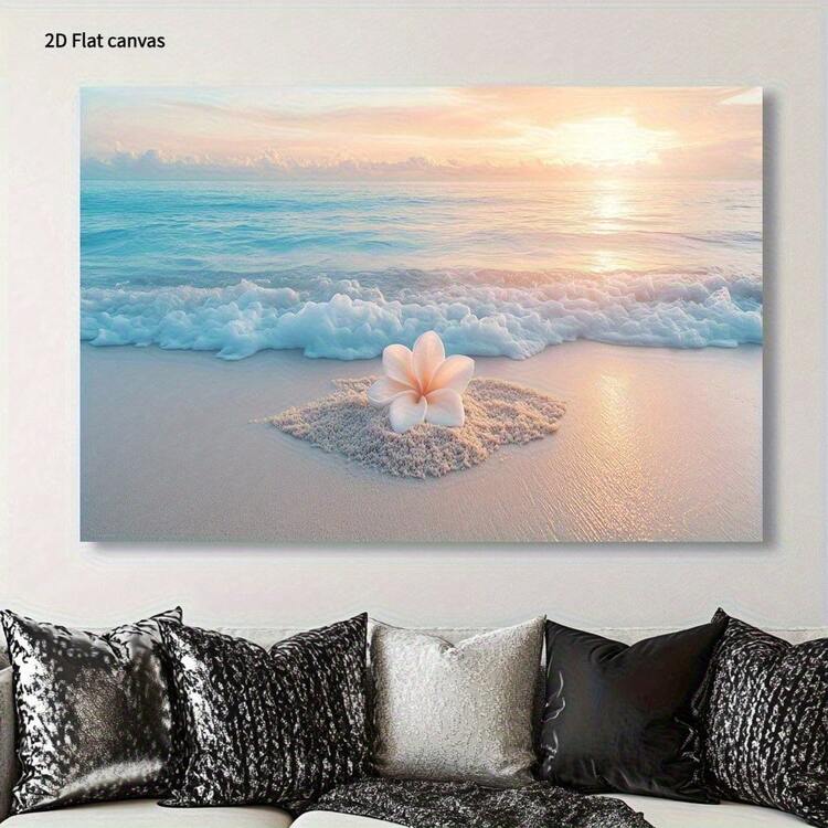 1 Pc Canvas Painting, Beach Sunset Coastal Art - Turquoise Waves And Floral Beaches , Wooden Framed Art,High Quality ,Thickness 2. 25cm/1in Thick Wall Art Printed Poster, Cuadros,Directly Hung For Family Gifts, Living Room Decoration, Bathroom Decoration, Bedroom Decoration, Kitchen Decoration, Bar Decoration, Office Decoration. Halloween, Christmas And Valentine's Day Gifts, 2D Flat - 彩色 - 查看 2