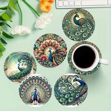 6pcs Peacock Wood Coasters - Non-Slip, Heat-Resistant, Suitable For Beverages And Coffee - Ideal For Gatherings, Office, Kitchen, Country Yard, New Home Decor - Holiday Gift, 6pcs/Set, 1800pcs/300sets - Multicolor - View 5