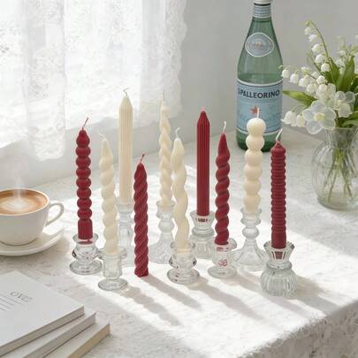 1pc White Long Stem Scented Candle (Candle Holder Not Included), Available In Various Shapes: Beaded, Twisted, Spiral, Wavy, And Striped. Made Of Smokeless Soy Wax, Suitable For Home Decor, Holiday Decor, Living Room Decor, Party Decor, Creating Romantic Ambiance, Candlelight Dinner, Photography Props, Wedding And Wedding Decor, Wedding Gifts, And Women Gifts.