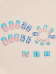 24pcs Square Press-On Nails, Fresh Blue-Green Butterfly & Lake Green French Design, Perfect For Dates & Daily Wear - Multicolor - View 3