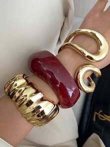 1pc/3pcs/Set Bohemian Geometric Asymmetrical Pleated Hollow Wide Cuff Bracelet, Luxurious Casual Party Wedding Holiday Unisex Resin Metal Bracelet Gift (Slight Blemishes And Color Variations In The Resin Are Normal) - Bracelet - View 2