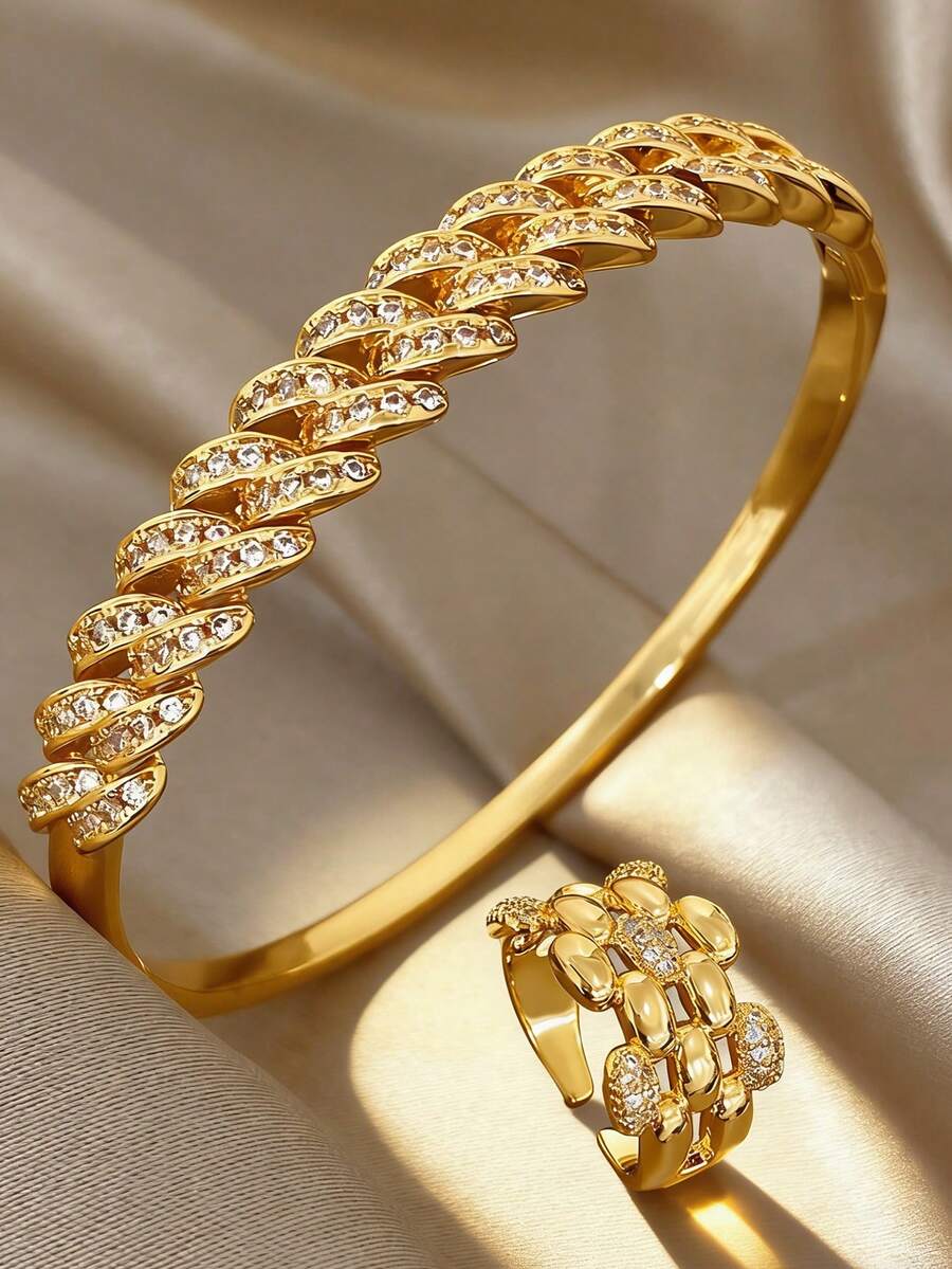 18 Karat vergoldetes luxuriöses elegantes Zirkonia Armband und Ring Set, Vintage Schmuck für Frauen, geeignet für Valentinstag, Party, Abend, Alltag, Neujahr, Hochzeit, Strand, Weihnachten, Jahrestag, Muttertag, Boho-Stil Brautjungferngeschenk - Verschiedenfarbig - Übersicht 1