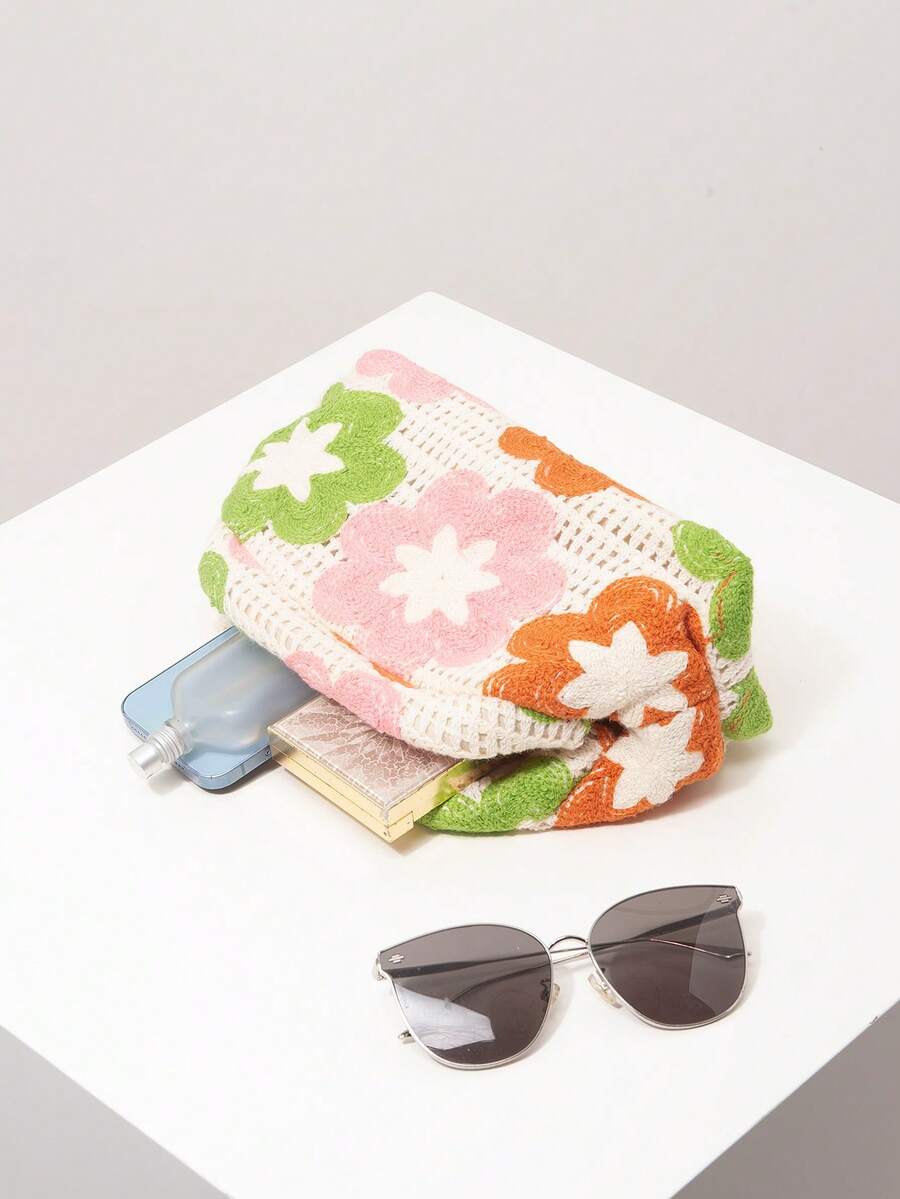 Bolso de embrague de ganchillo con estampado floral, bolso de playa de estilo bohemio para mujer, esencial para viajes y vacaciones - Multicolor - Ver 1