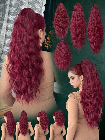 Accesorio para el cabello en forma de garra para coleta, color vino tinto, de 16 pulgadas, 18 pulgadas, 24 pulgadas y 26 pulgadas, de fibra sintética resistente al calor con efecto de onda de agua, adecuado para Navidad, Halloween, festivales de música y uso diario de las mujeres