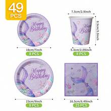 1 Set Purple Mermaid Tail Happy Birthday Disposable Plates, Napkins, Cups, Serves 8 Guests, Suitable For Birthday, Wedding, Party, Family Picnic - Multicolor - View 2