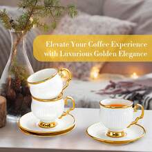Porcelain Coffee Cups And Saucers Set Of 6 | 3.38oz Ceramic Cups For Cappuccino, Latte, Mocha, Tea - A - View 6