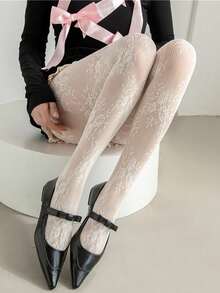 1 Pair Women's High-End French Retro Lace Rose Patterned Pantyhose, High Elasticity Skinny Tights, Sheer Hollow-Out Design For Slimming - 彩色 - 查看 5