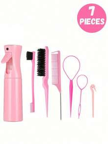 7件套方形梳子和喷雾瓶套装，卡通埃菲尔铁塔印花防静电塑料梳子，便携式图案发爪夹，高压喷雾瓶，适合儿童和女孩，普通发质，耐用ABS手柄，可爱方形设计，美发造型工具套装