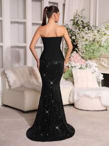 Modphy 性感女士美人鱼长裙套装，时尚珍珠设计，裹身式无袖露背修身不对称吊带上衣 + 高腰亮片美人鱼长裙两件套 - 黑色 - 查看 9