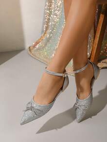 新款时尚女式尖头水晶蝴蝶结玛丽珍鞋，休闲镂空凉鞋 - 銀色 - 查看 3