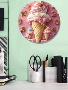 2D Flat Ice Cream Pattern Wooden Wall Clock - Colorful And Detailed Sweet Decor, Suitable For Home, Bedroom Or Kitchen, Battery-Free, 2D Flat Wall Clock, Decorative Wall Clock, Ice Cream Home Decor - Multicolor - View 5