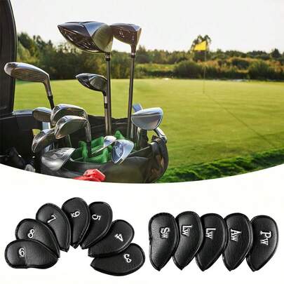 12件套高尔夫球杆头套，带魔术贴的皮革铁杆头套，适用于大多数高尔夫球杆，单面刺绣标签高尔夫球杆头套