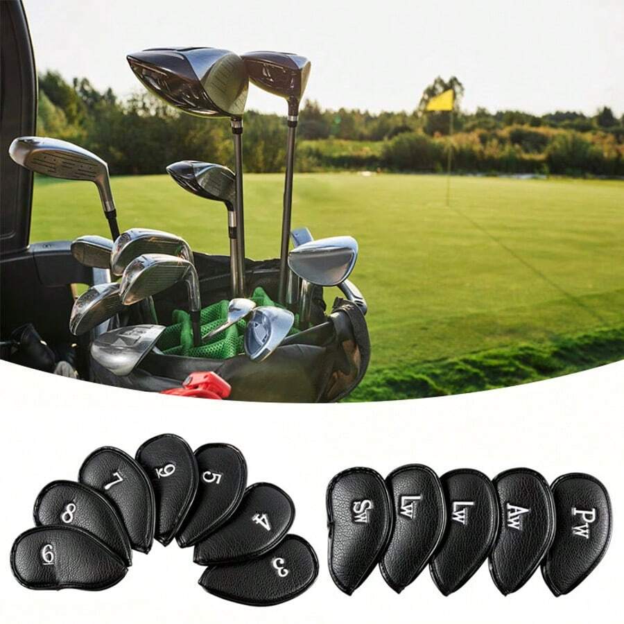 12件套高尔夫球杆头套，带魔术贴的皮革铁杆头套，适用于大多数高尔夫球杆，单面刺绣标签高尔夫球杆头套 - 彩色 - 查看 1