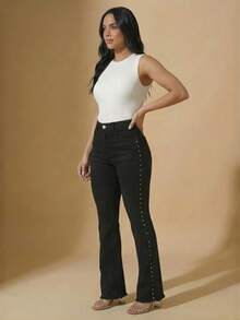 Women's Black Flare Jeans With High-Waisted Butt-Lifting Effect And Rhinestone Detail. - Side Rhinestones - View 9