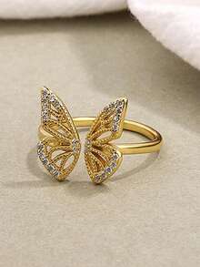 时尚奢华925纯银镂空蝴蝶锆石可调节戒指，女士款