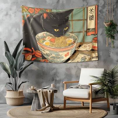 1pc Cats Love Ramen Tapestry, Ramen Shop Wall Hanging, Black Cat Wall Cloth, 90's Tokyo Pop Art Background Cloth, Lofi Kitty Cloth Hanging