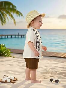 Set de 2 piezas: Camisa de manga corta con botones y estampado para niños pequeños, con tela a rayas texturizada. Pantalones cortos de unicolor con cintura elástica, adecuado para uso diario casual y salidas - Albaricoque - Ver 11